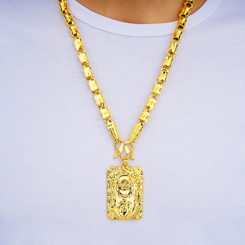 Vietnam Placer Gold Domineering Men Guan Gong Square Plate Pendant Plated 24K Artificial Gold Six Word Mantra Necklace Ornament