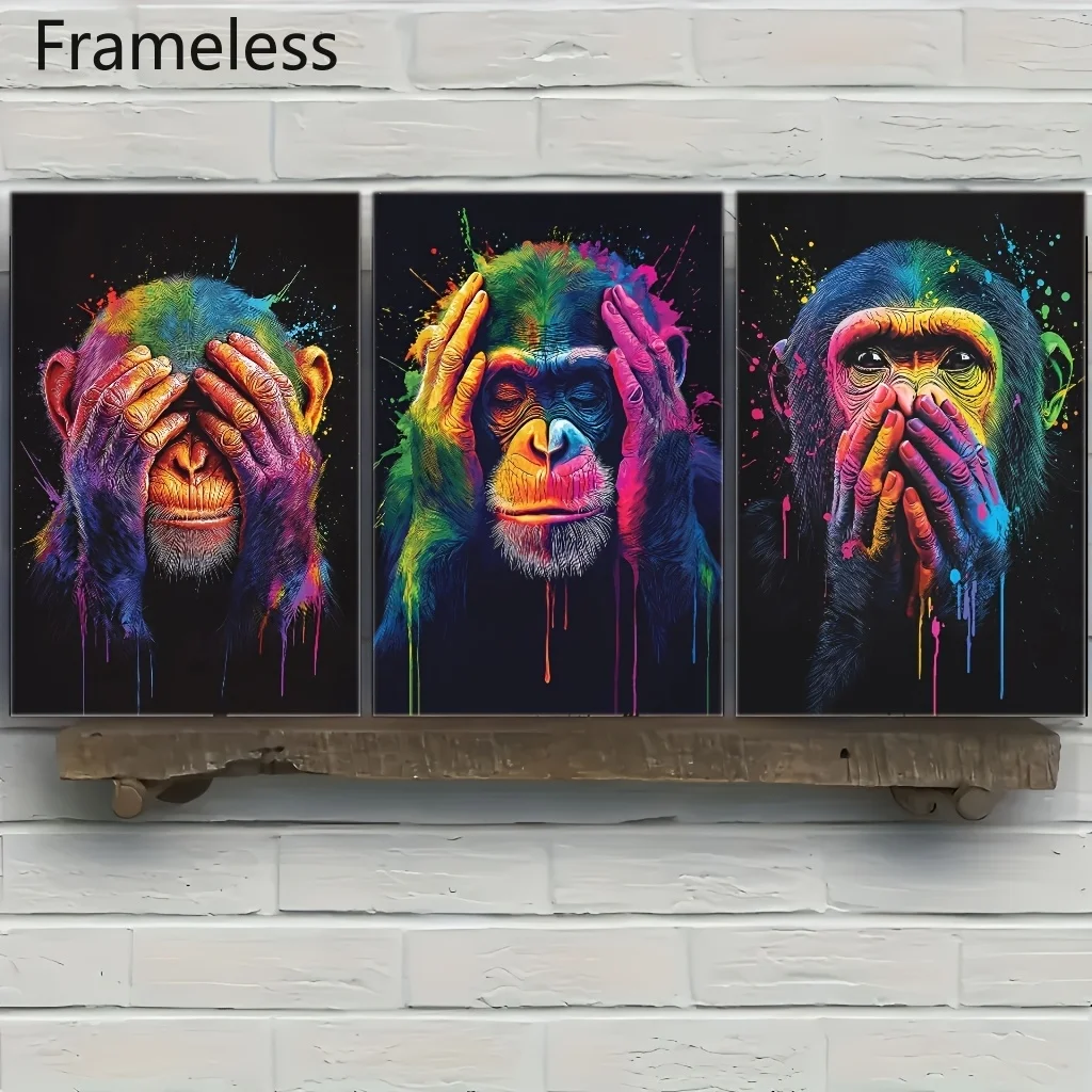 2D Flat 3pcs/set Modern Three Wise Monkeys Canvas Wall Art Poster Frameless Abstract Funny Monkeys Posters for Living Room Decor view 2
