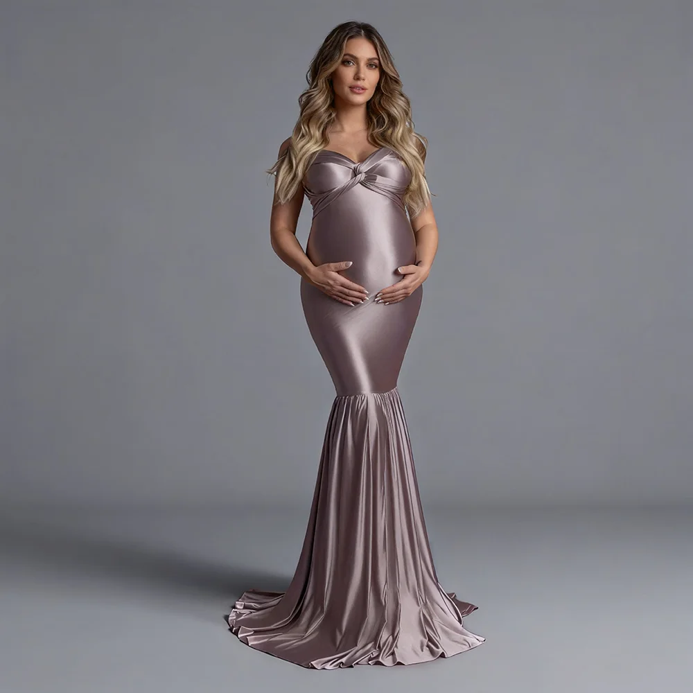 Maternity Photoshoot Dresses Strapless Twisted Knot Satin Mermaid Maternity Dress Baby Shower Dress for Pregnant Woman YW64262D
