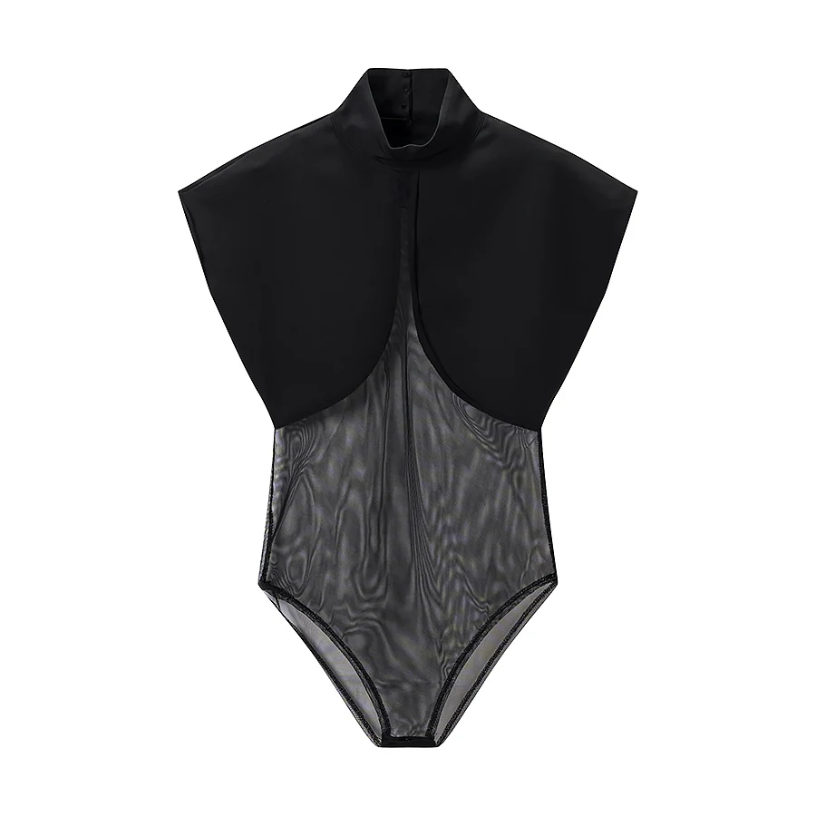 Sommer Damen Jumpsuit Sexy Tüll Patchwork Bodysuit Weiblicher Schicker Hochkragen Ärmellos Durchsichtiger Bodycon Damen High Street Top – Detail 2
