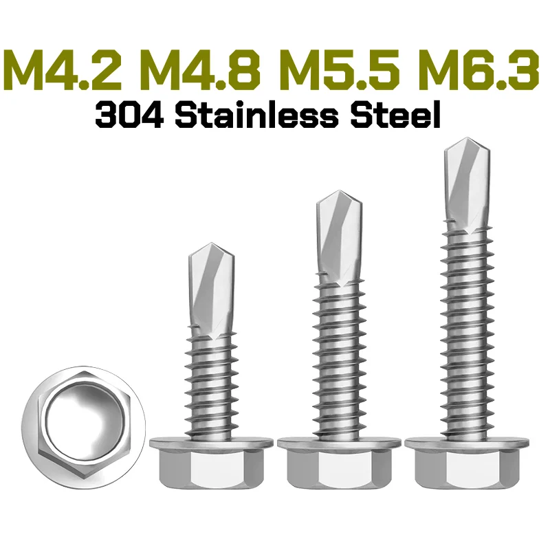 M4.2 M4.8 M5.5 M6.3 304 Stainless Steel Hexagon Head Flange Self-Tapping Drill Tail Screws With Washer Metal Self Tapping Screw