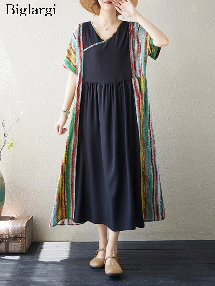 

Oversized Summer V-Neck Midi Dress Women Striped Print Patchwork Fashion Ruffle Pleated Ladies Dresses Loose Casual Woman Dress