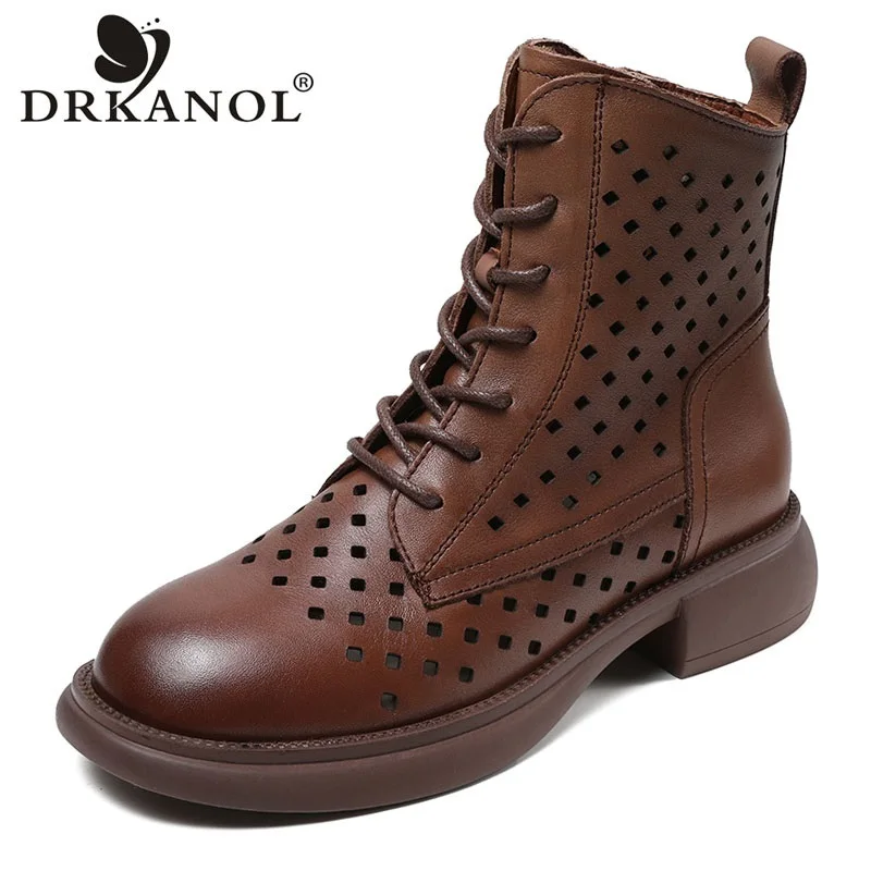 

DRKANOL Genuine Cow Leather Ankle Boots Women Summer Hollow Breathable Flat Heel Side Zipper Round Toe Retro Style Short Boots