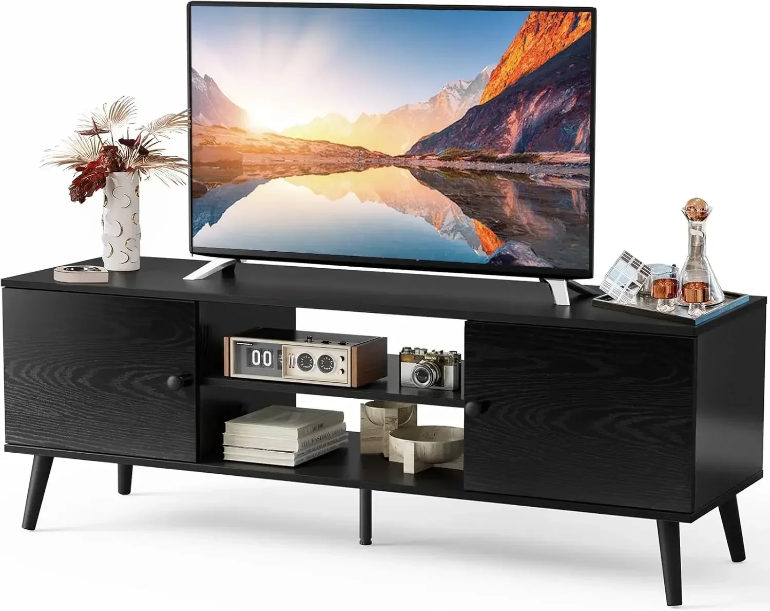 TV Stand for 55 60 inch TV, Entertainment Center with Storage Cabinet, Mid Century Modern Media Console Table, Adjustable Hinge,