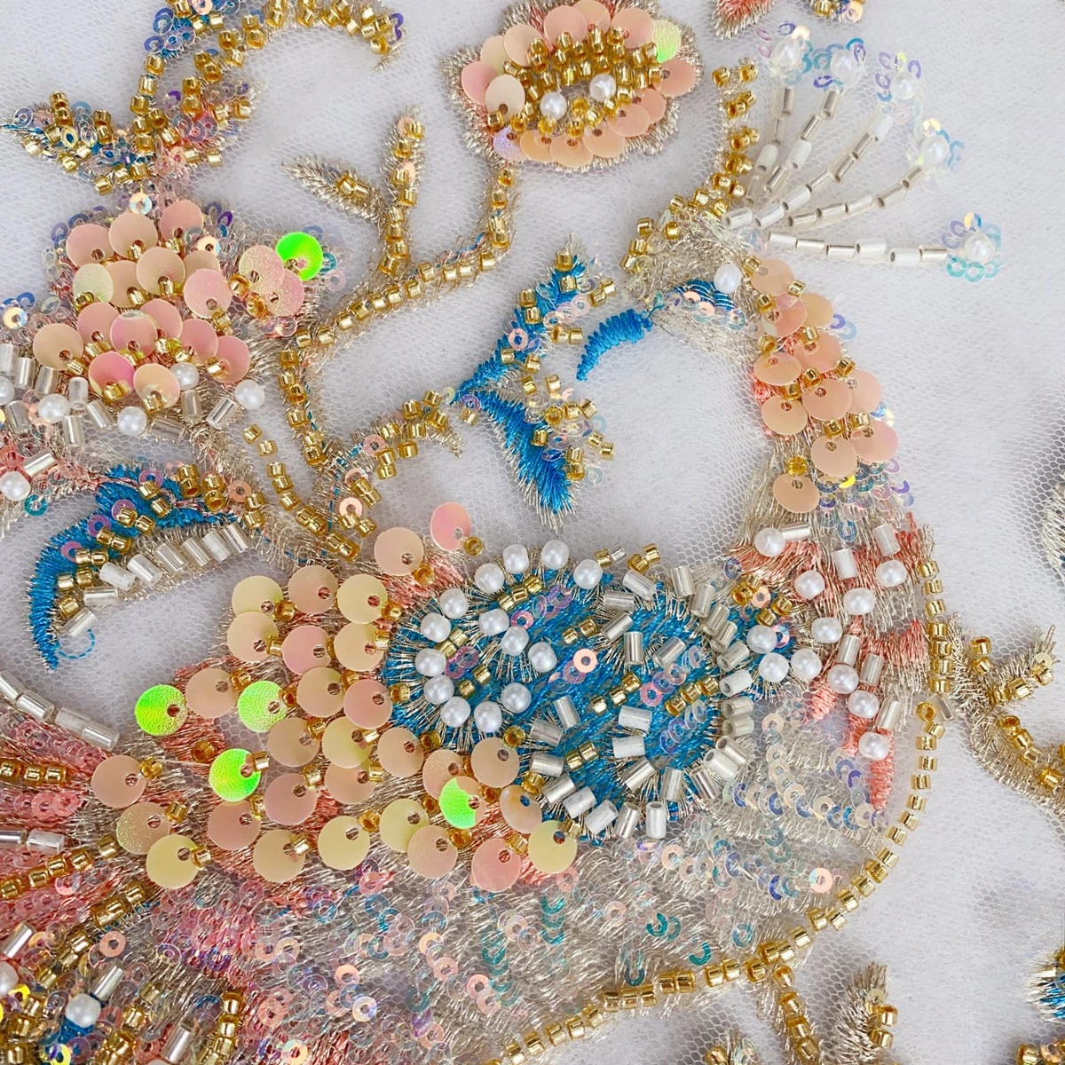 Peacock Shaped Pearl Lace Applique,Champagne, MultiColor Laser Sequin Performance Clothing, Shines Brightly Stage Party, RS24511