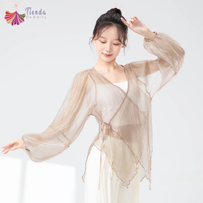 Classical Dance Costume Top Women Long Puff Sleeve Cardigan Guaze Shirt Tied Side Loose Tops Flowy Chinese Lyrical Stage Blouse