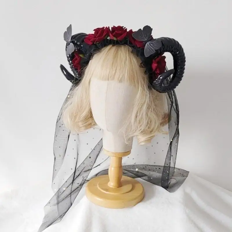 652F ciemna diabeł rogaty obręcz do włosów na kwiat na Halloween obręcz do włosów opaska na imprezę występ sceniczny do