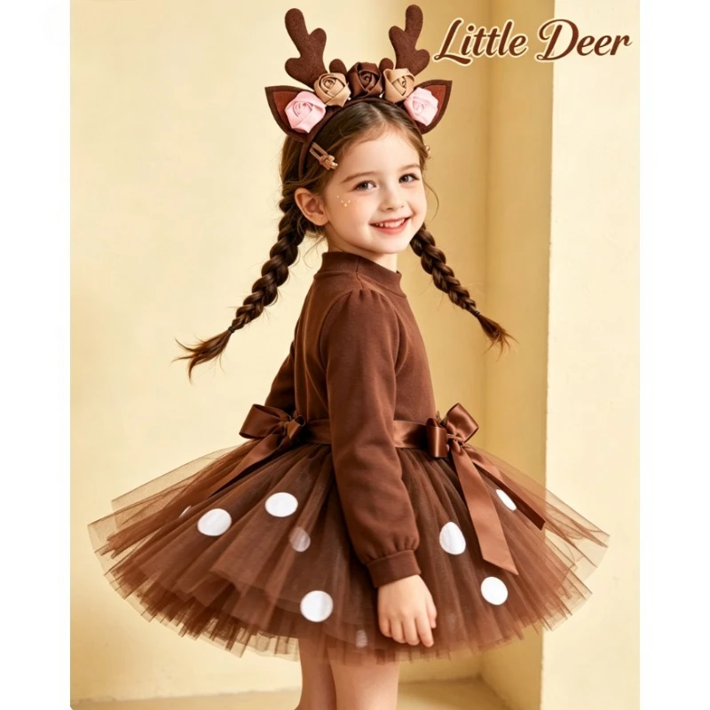 

Deer Pattern Tutu Skirt Cartoon Dress Kids Christmas Holiday Photography Costume Festive Party Casual Children Outfit Wholesale