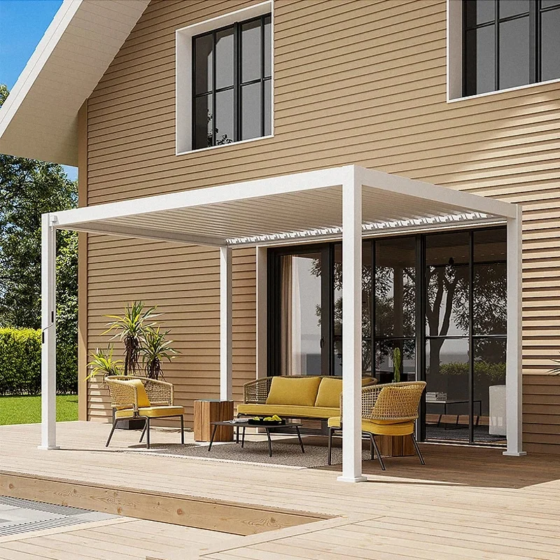 Waterproof Motorized Louvered Roof Bioclimatic Gazebo Aluminum Remote Wall Switch Snowproof Windproof Customizable Size