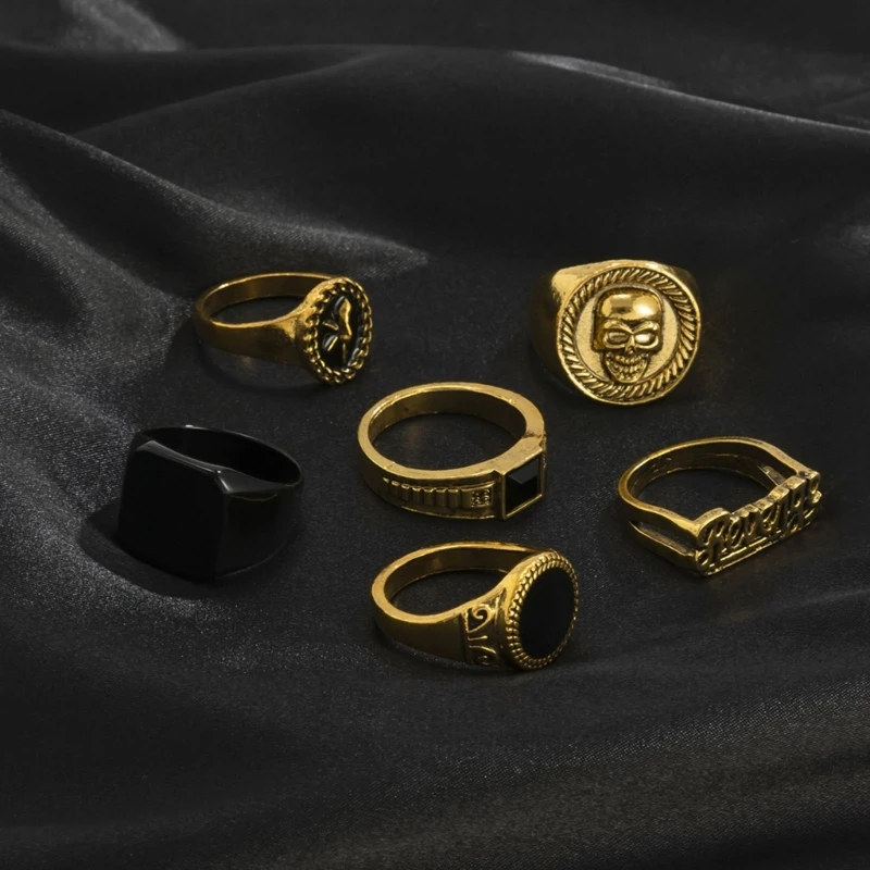 6Pcs Vintage Black Stone Rings for Men Gothic Skeleton Portrait Couple Emo Y2k Fashion Jewelry Ring Set for Women Men image 4