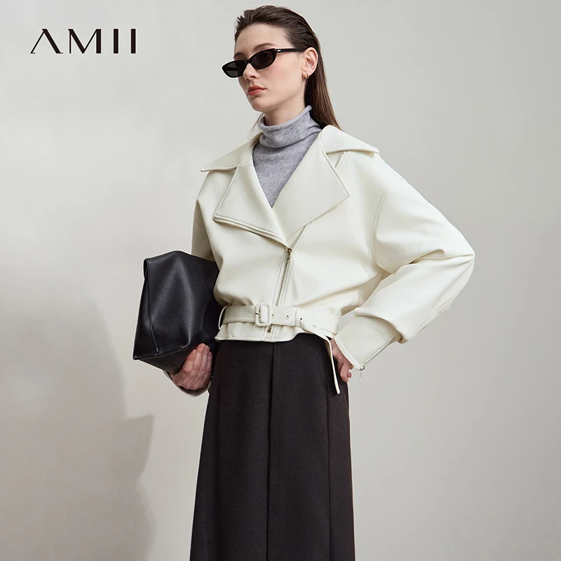 AMII Women's Leather Jacket 2025 Autumn New Minimalist Loose Short Ladies Clothing Zipper Long Sleeves Women's Coat 12543043