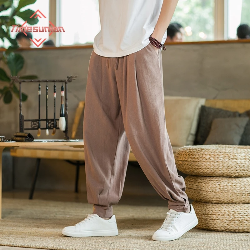 

Spring Summer Disc Buckle Loose Harem Pants Mens Breathable Cotton Linen Pencil Pants Buckle Casual Bloomers Fashion Trousers