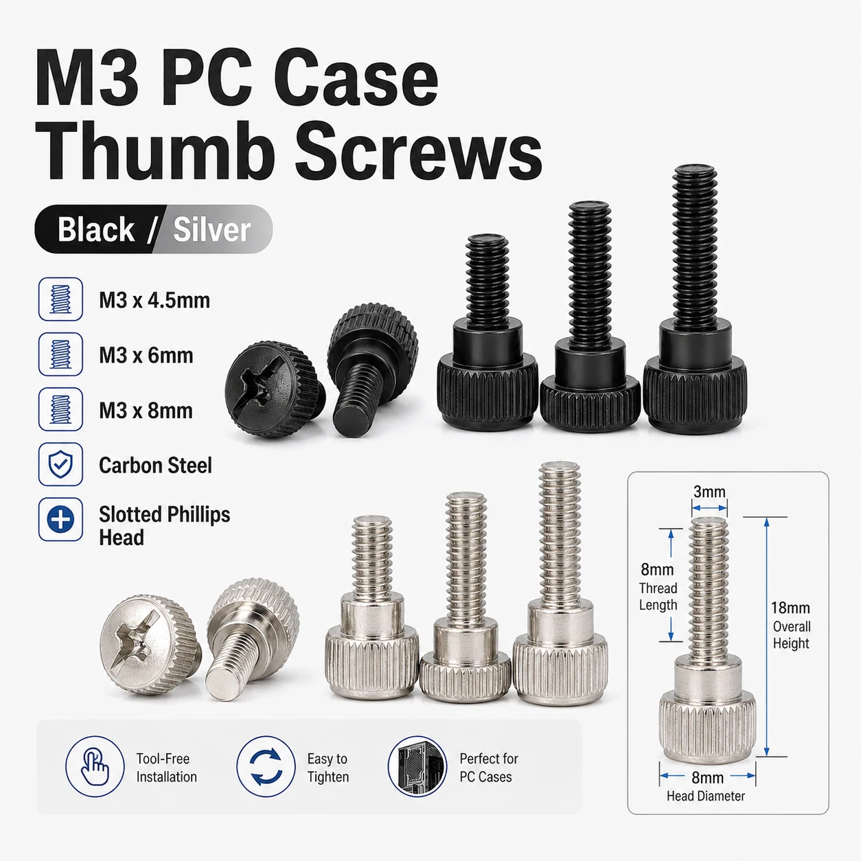 10-100Pcs M3 Black/Silver PC Thumb Screws, Tool-Free Slotted Phillips Head Hand Tighten Bolts for Computer Case Cover