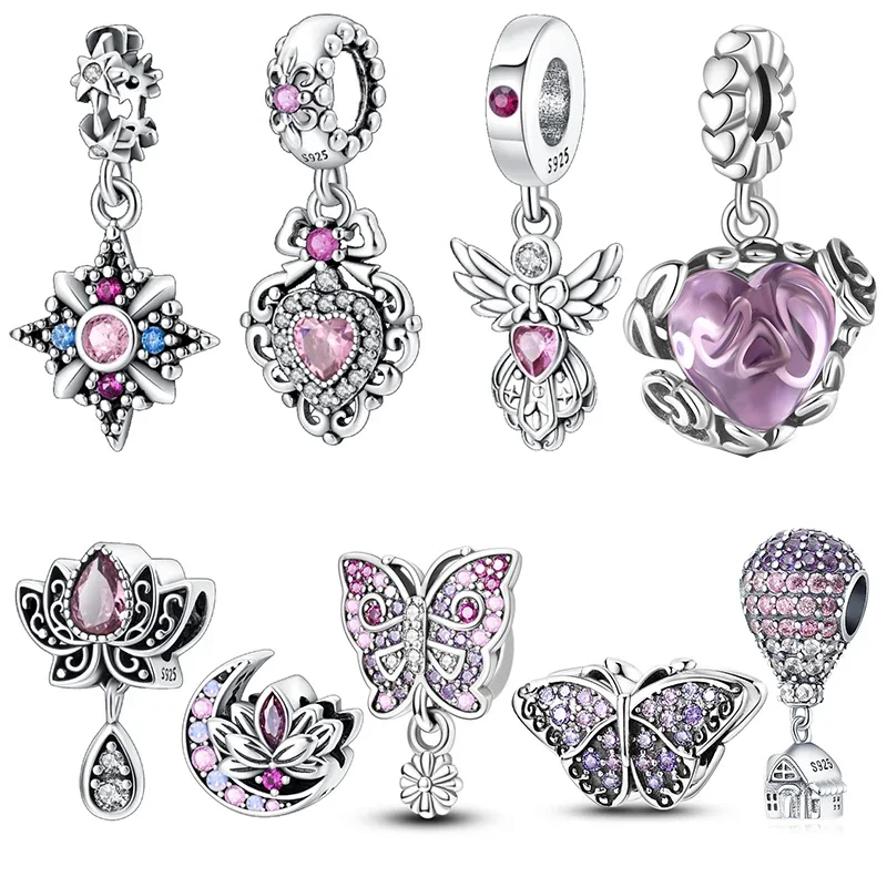 

925 Sterling Silver Classic Purple Retro Heart Shape Lotus Angel Pattern Charms Beads Fit Pandora Original Bracelets DIY Jewelry