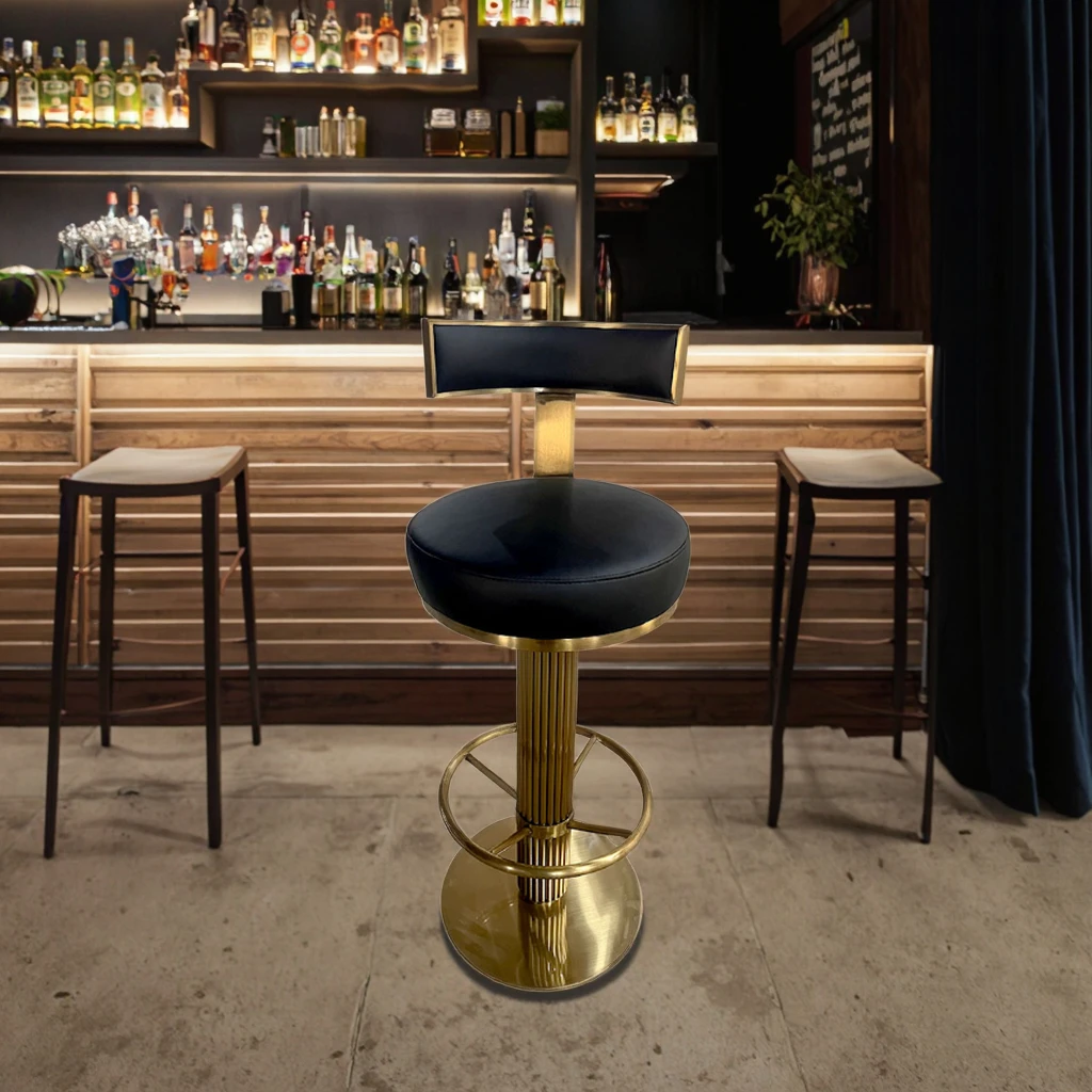 Modern Hotel Furniture Gold Metal Swiveling Padded Backrest Chair Counter Bar Stools Luxury Padded Dining High Chairs Decor