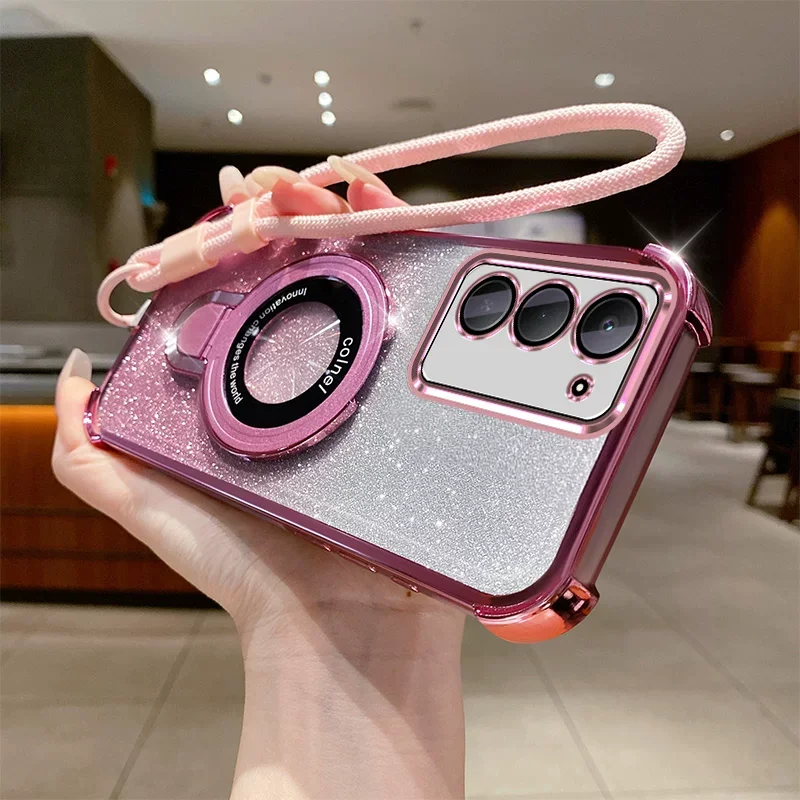 Magnetic Bracket Phone Case For Samsung A17 A27 A37 A57 A16 A36 A56 A15 A35 A55 A14 A54 Glitter Shockproof Rope Lanyard Cover