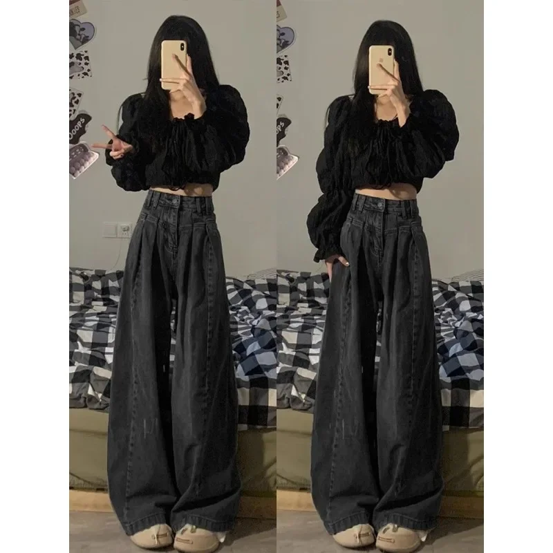 QWEEK Y2k Wide Jeans Woman Baggy Vintage Korean Fashion Pants Harajuku Oversized Causal Denim Pants Streetwear Spring Aesthetic