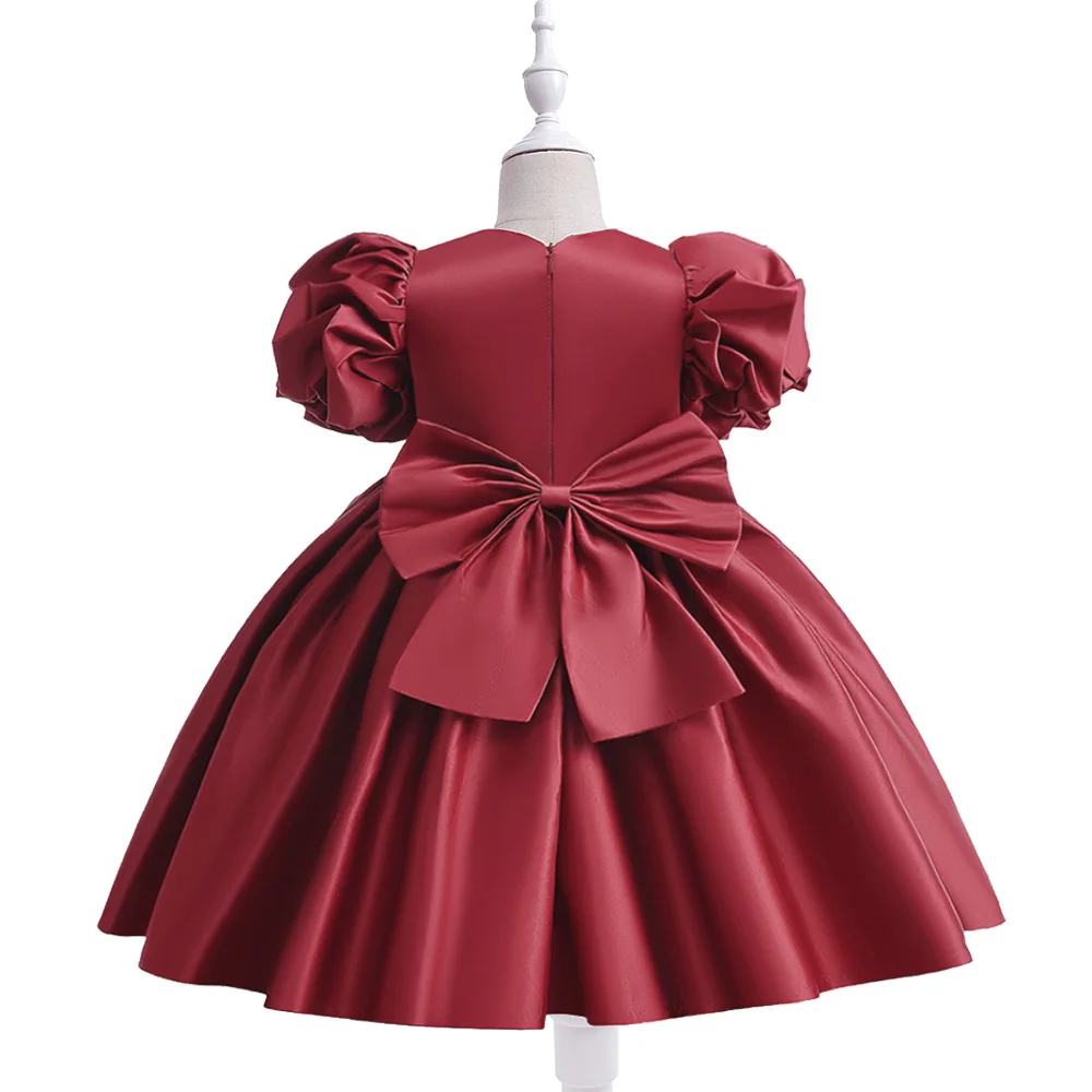 Red Satin Girls Party Dresses Bow Wedding Bridesmaid Princess Kids Dress Short Sleeve Children Costume Christmas Summer Clothing