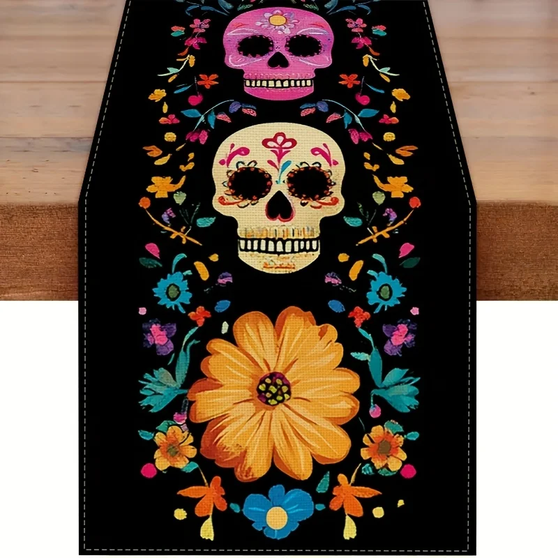 Mexican Day of The Dead Linen Table Runner Pink Sugar Skull Flower Dia De Los Muertos Table Runners Dresser Scarf Table Decor
