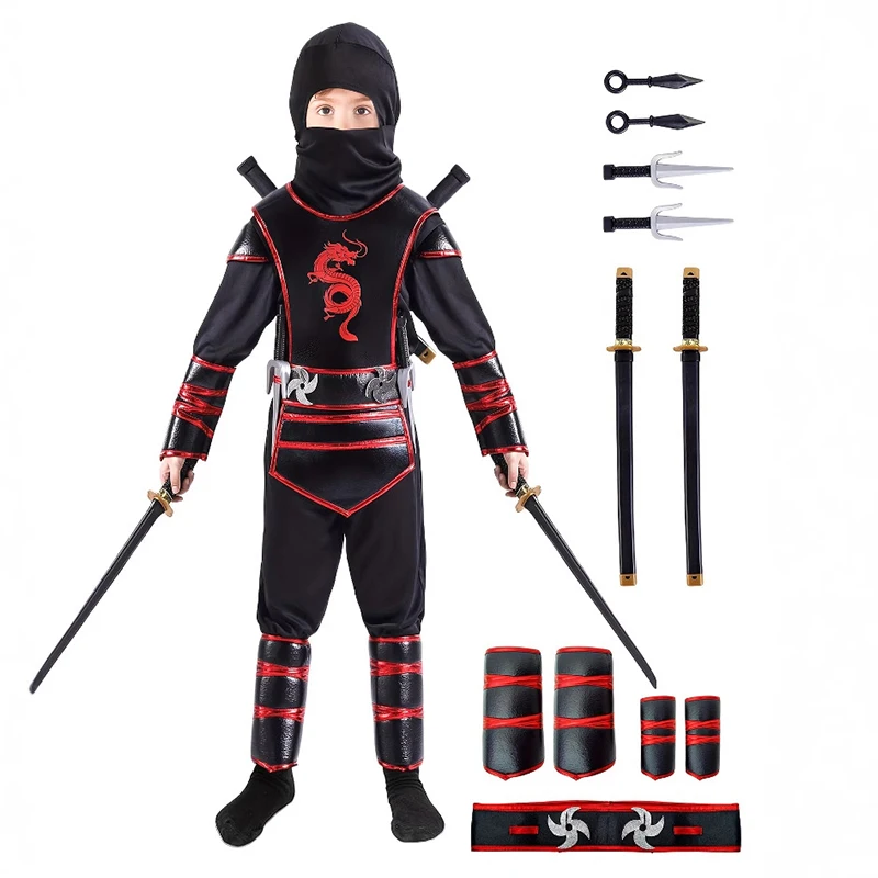 

Child Hidden Warrior Stealth Shinobi Cosplay Outfit Kids Black Dragon Halloween Fancy Dress Up Ninja Boy Assassin Costume