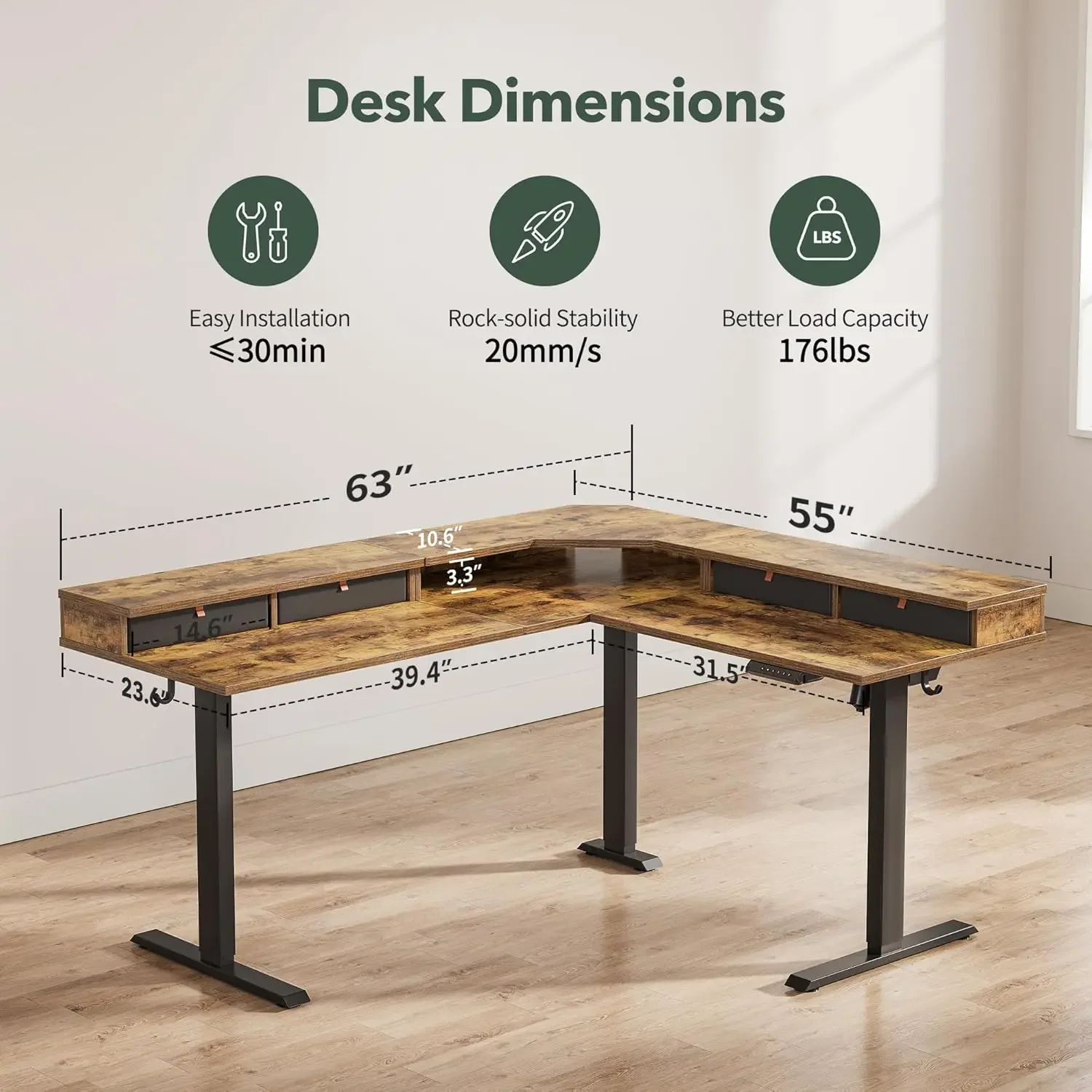 FEZIBO 63" L Shaped Standing Desk with 4 Drawers, Electric Standing Gaming Desk Adjustable Height, Corner Stand up Desk with Spl