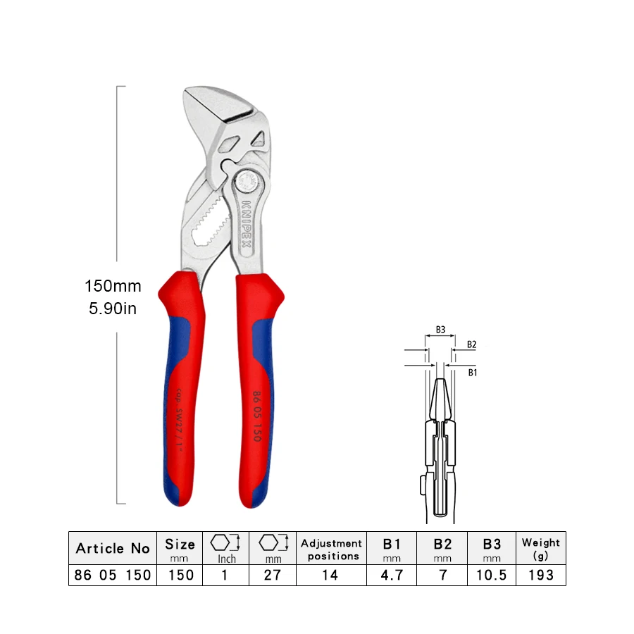 KNIPEX 86 05 150 Pliers Wrench Chromium Plated Vanadium Steel Water Pump Plier Knipex 86 05 180 Hand Tools 86 05 250