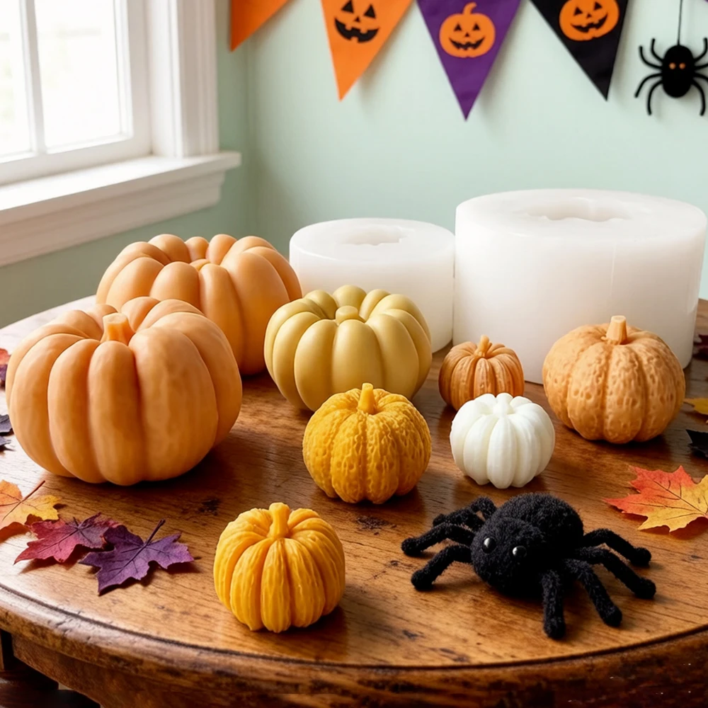 Image of 3D Kürbis Silikonform DIY Aroma Kerze Gips Ornamente Form hausgemachte Süßigkeiten Schokolade Formen Halloween Dekoration