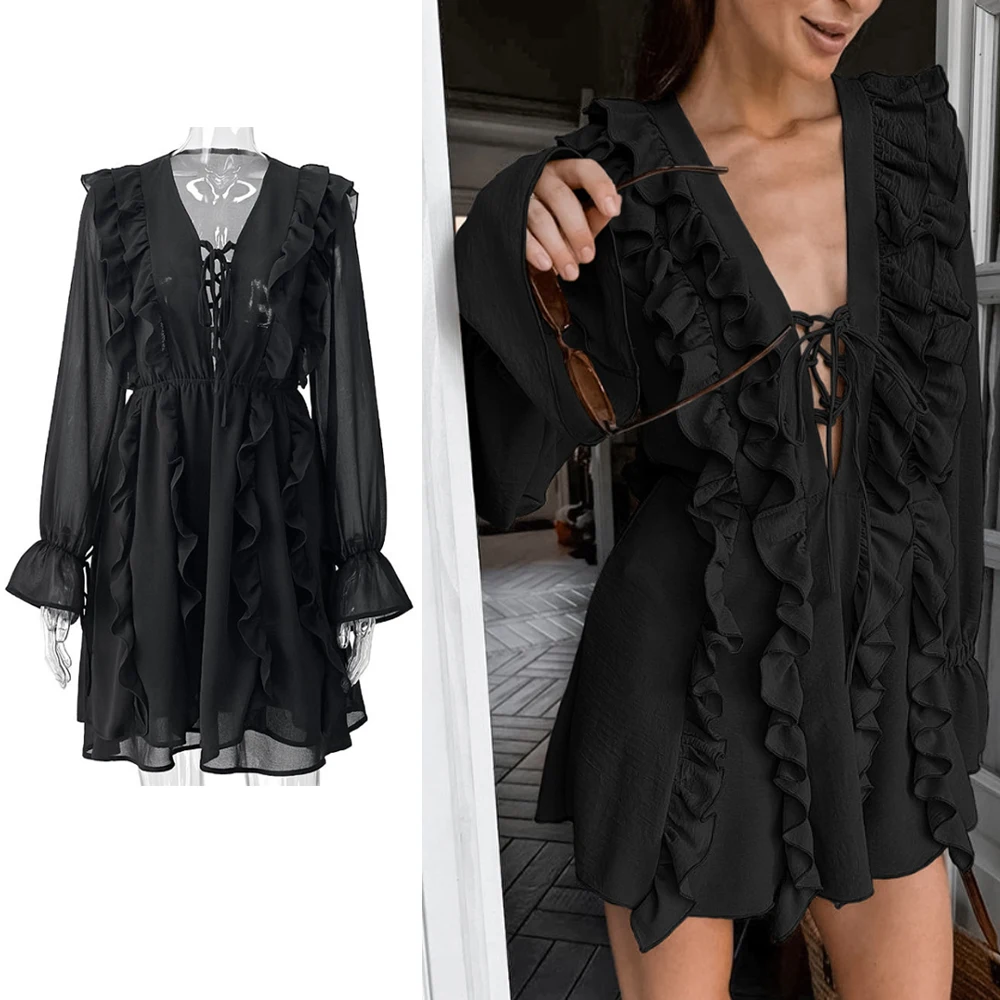 

DriftWear Women's Floral Lace Trim Nightgown Sexy V-Neck Ruffled Sleeve Sleepwear Elegant Loungewear French Style Home Dresses