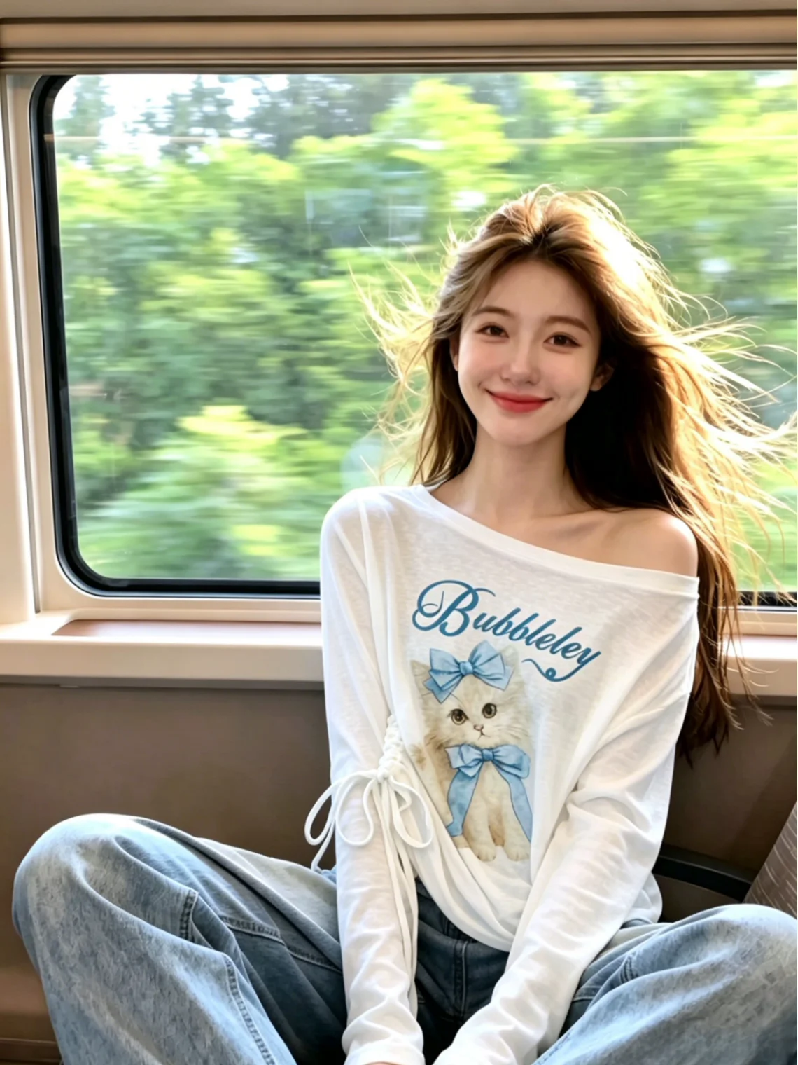 

Sweet Print Long Sleeve T-Shirt Women's Summer Drawstring Waist Sun Protection Cover up Korean Style Straight Cut Top