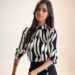 Fashion O-neck Blouse Spring New White Black Striped Long Sleeve Chiffon Shirt Elegant Office Lady Work Wear Tops Blusas 0941 60