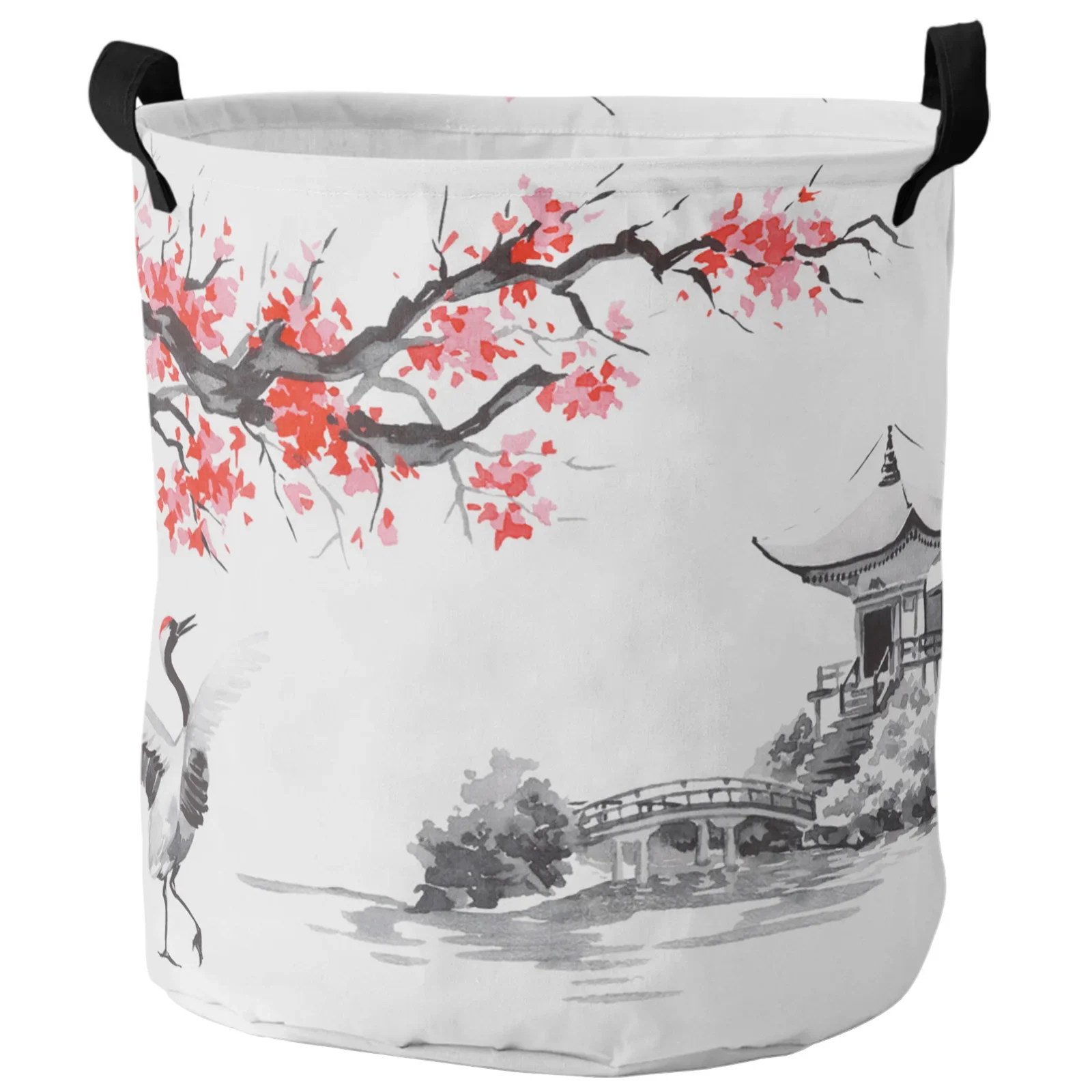 Crane Plum Tree Pavilion Ink Chinese Style Dirty Laundry Basket Foldable Home Organizer Basket Clothing Kids Toy Storage Basket