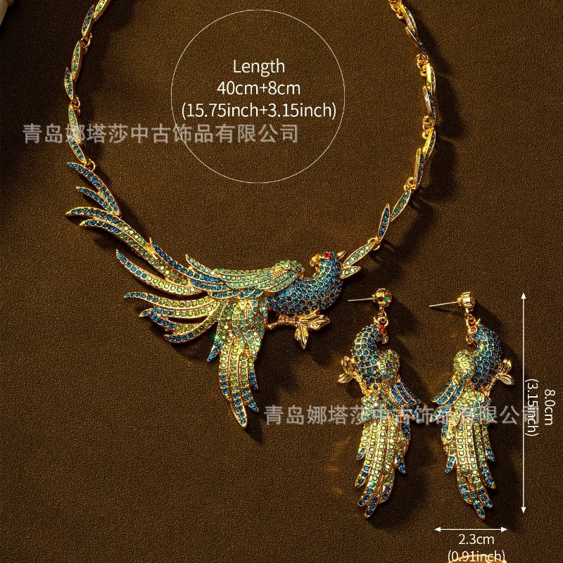 Vintage Luxury Parrot Jewelry Set, European Heavy Craft Elegant Parrot Stud Earrings And Necklace Retro Women Accessory