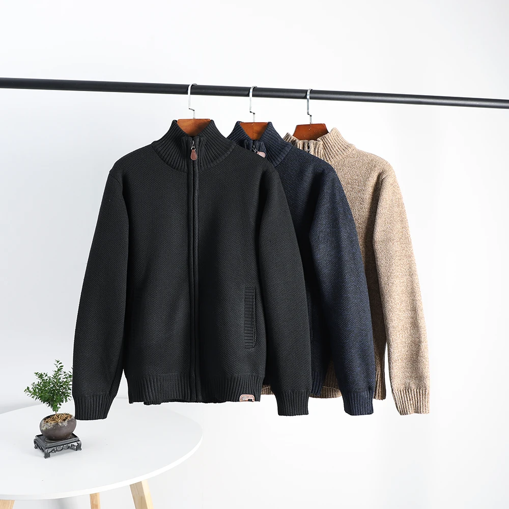 

Утепленный вязаный кардиган с воротником-стойкой для мужчин, осенне-зимний, из полиэфирного волокна, на молнии, теплый, повседневный, модный