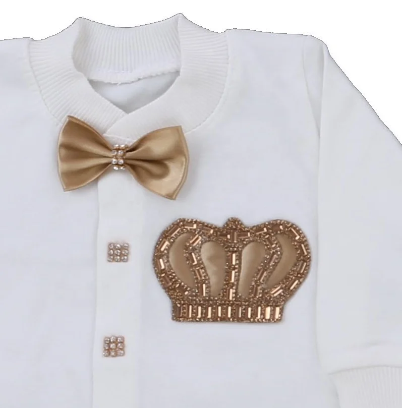 Rhinestone Crown Bow Baby Footed Jumpsuit Newborn 0-9 Months 4Pcs White Gold Prince Romper Boutique Baby Gift