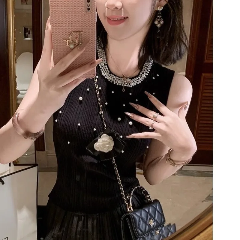 Women\'s Summer Round Neck Pullover Screw Thread Solid Pearl Sleeveless Vest Sweater Knitted Casual Elegant Office Lady Tops