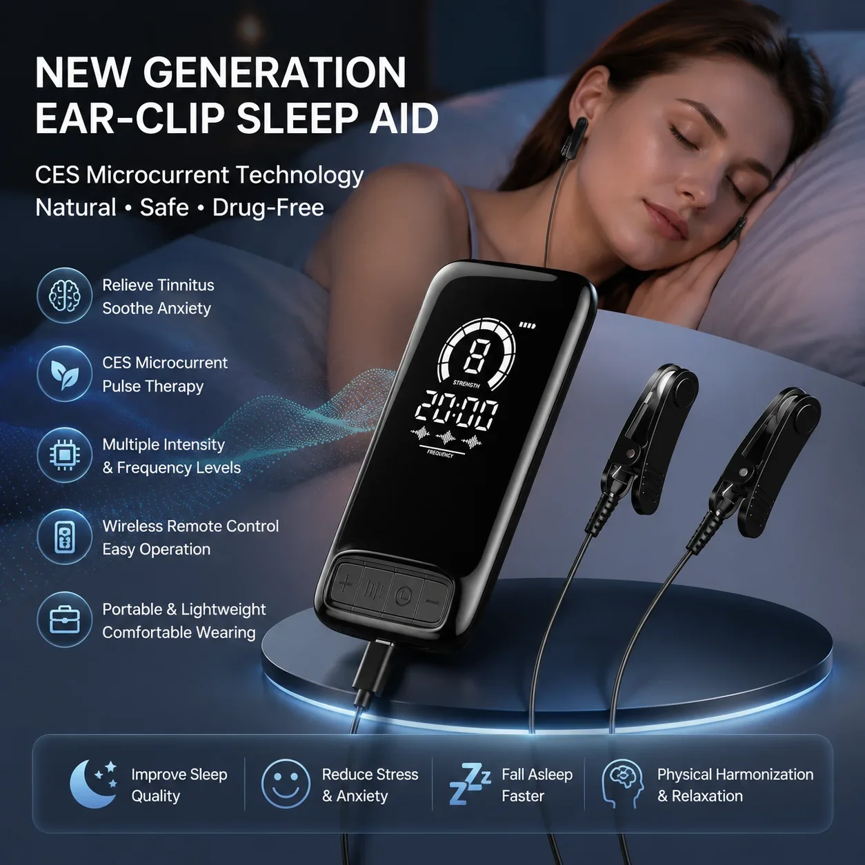 2026年新登場。耳に装着するタイプの睡眠補助デバイス。ces（経皮電気刺激）技術を用いた不眠症緩和機器。持ち運び可能な微弱電流による睡眠補助具。不安を和らげる効果も期待できます。