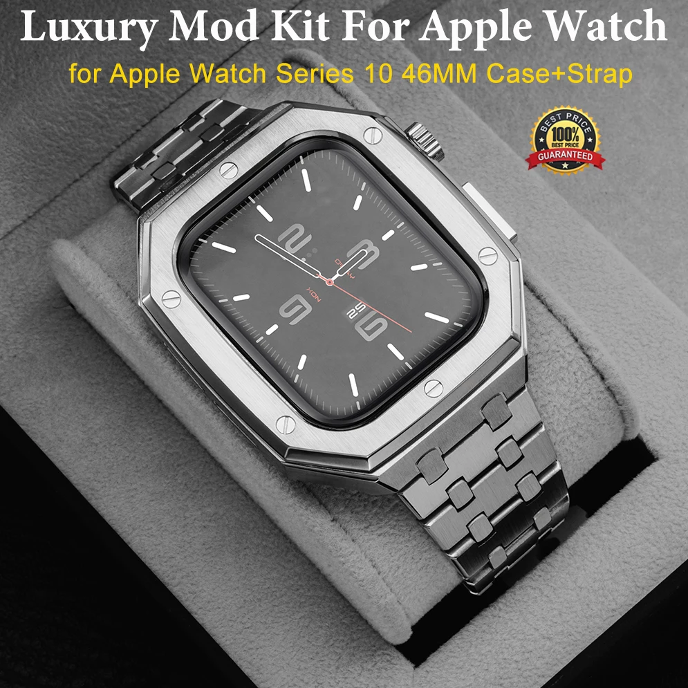 حافظة فاخرة من الفولاذ المقاوم للصدأ + حزام لسلسلة ساعات أبل 10 46 مللي متر طقم تعديل معدني لساعة iWatch s10 46 مللي متر إطار الحافة