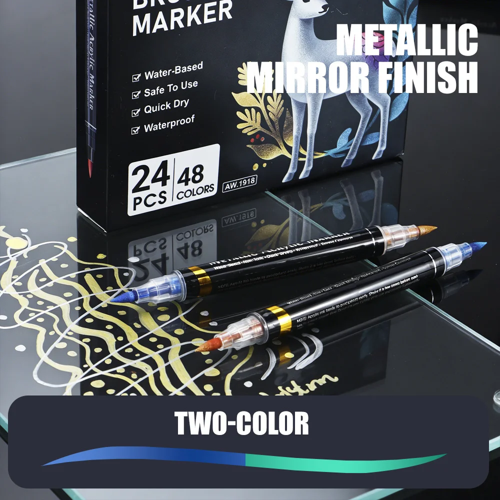 12/24/48 Color Metallic Water-Based Paint Pens Dual-Ended Dual-Color Soft Tip Markers Set Student Doodling Painting Art Supplies