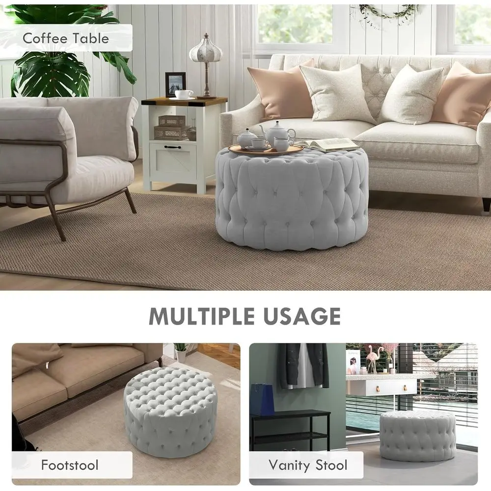 DAFIFY Velvet-Feel Upholstered Foot Stool with Button Tufted Design, Padded Seat for Living Room, Entryway, Light Gray