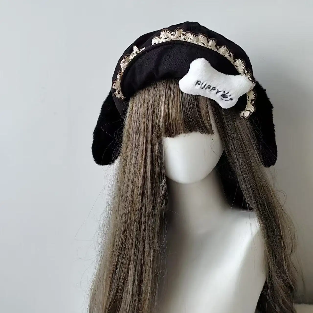 Béret gothique Lolita Harajuku Y2K pour fille, en peluche polaire, avec oreilles à pois, chapeau japonais Kawaii en dentelle, casquettes pour femmes, chapeaux de Cosplay