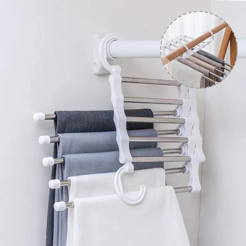 Multi-funcional Calças Rack De Armazenamento, Organizador De Guarda-Roupa, Calças e Gravata, Prateleira Do Armário, Cabide Mágico, 5 em 1