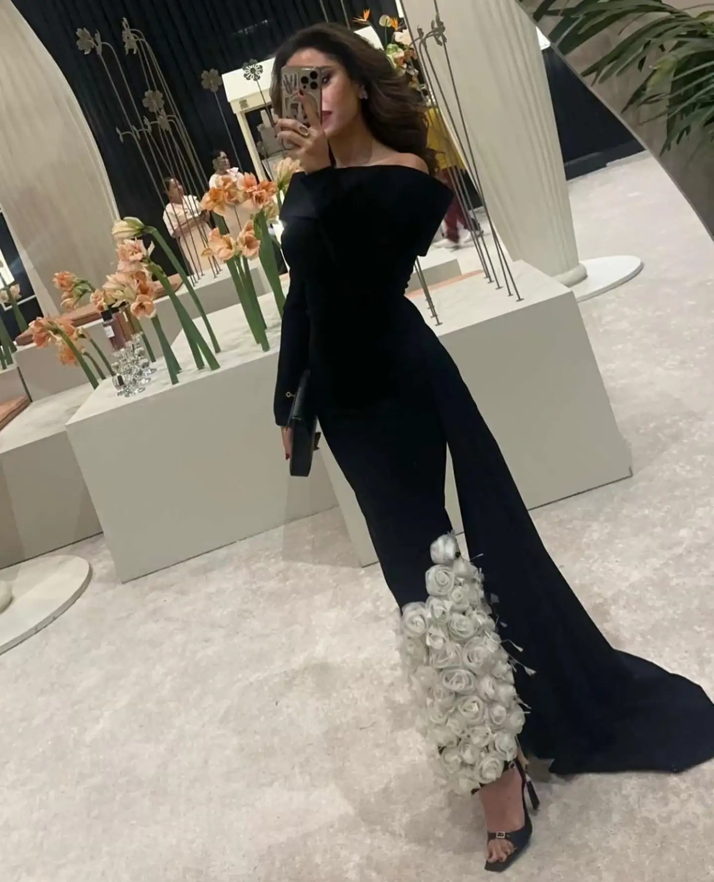 Elegant Black Bloom Women Maxi Gowns With Side Overlay Saudi Arabic Sheath Ankle Length Floral  Prom Dresses