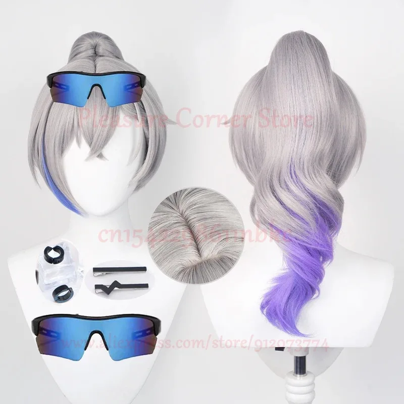 

Honkai Star Rail Silver Wolf Cosplay Wig Glasses Earrings Hairclip Silver Mixed Blue Long Curly Wig Heat Resistant Cosplay wig