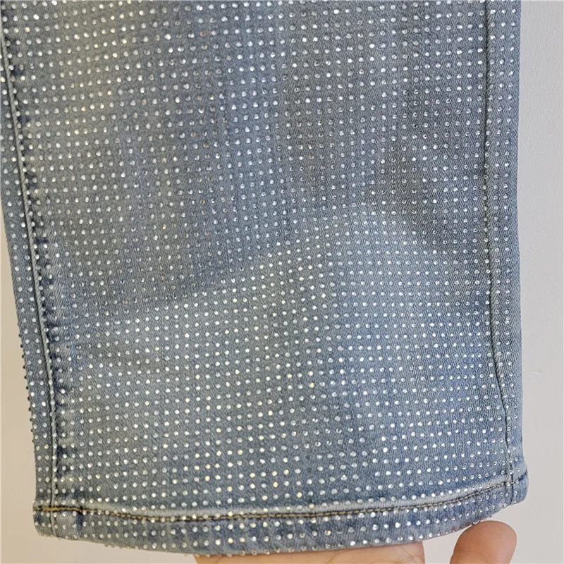 تألق الساخن الماس الجينز المرأة الضوء الأزرق واسعة الساق السراويل عالية الخصر الجينز مع الماس الشارع Trendsetters مستقيم الجينز