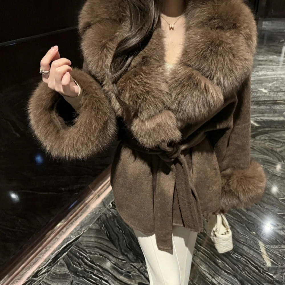 OFTBUY Woolen Belt Pocket Winter Jacket Natural Real Fox Fur Blends Wool Coat Loose Outerwear Casual Outerwear Streetwear Women