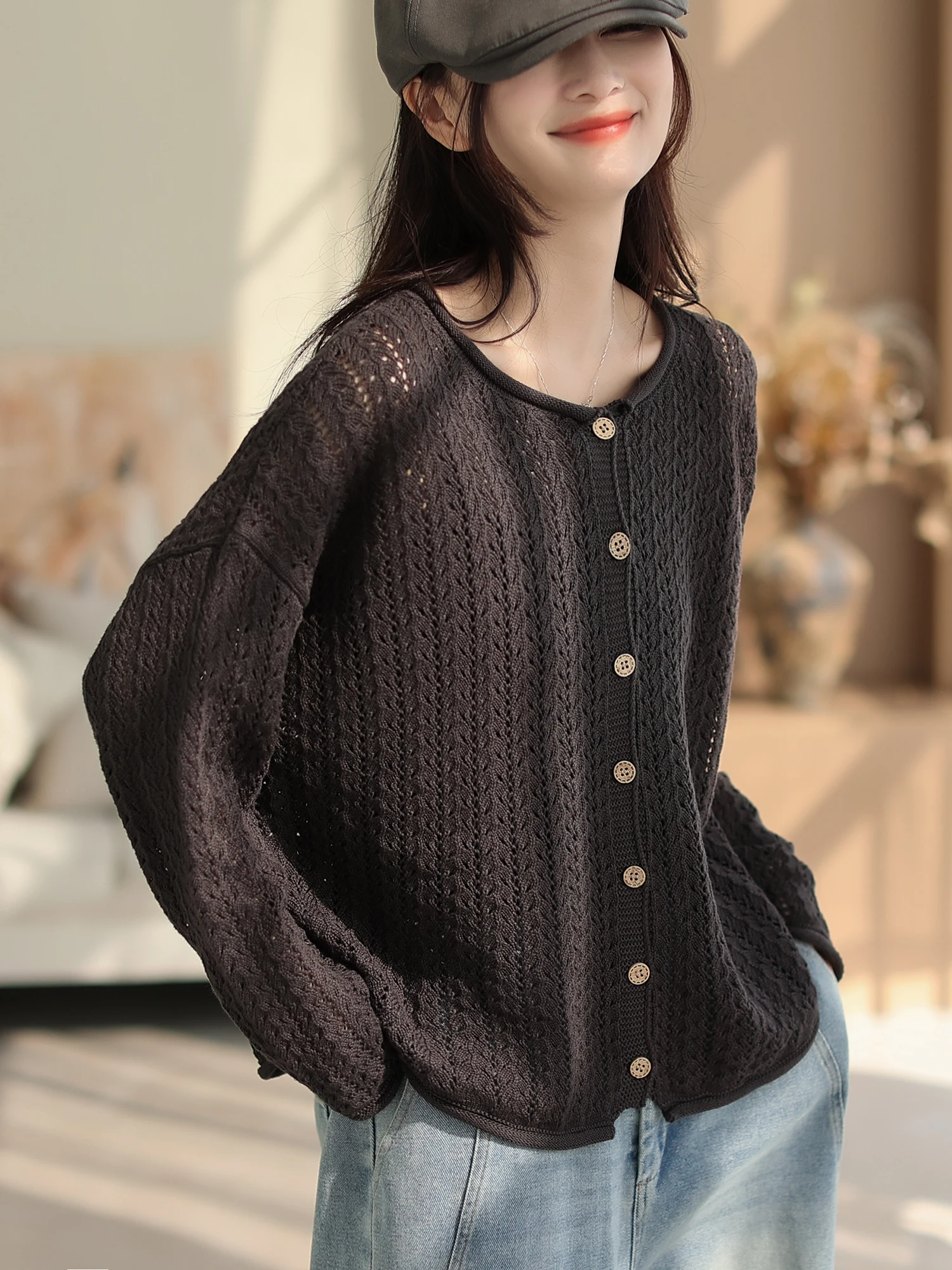 

Kyu Women's Loose Knitted Cardigan round Ne Color Autumn Sle Casual Faion Open Front Long Sve Top