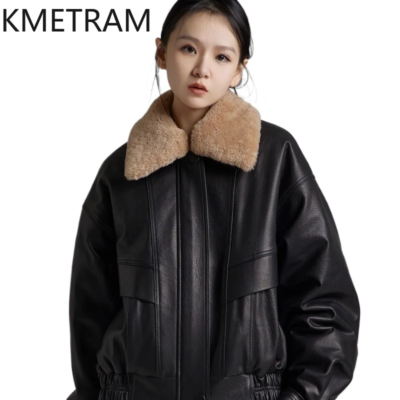 KMETRAM peau de mouton naturelle veste en cuir véritable femmes avec col détachable mérinos 2025 automne court nouveaux vêtements d'extérieur ropa mujer