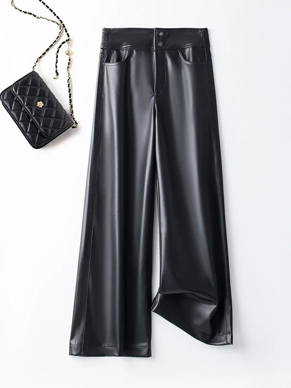 

Женские кожаные брюки из овчины с высокой талией, широкие, повседневные, утепленные, осенне-зимние, прямого кроя