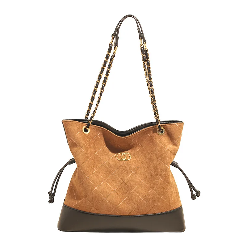 

​ Новинка 2025 года, стеганая замшевая большая сумка для женщин, винтажная сумка через плечо, большая вместительная сумка-хобо с ремешком-цепочкой ​