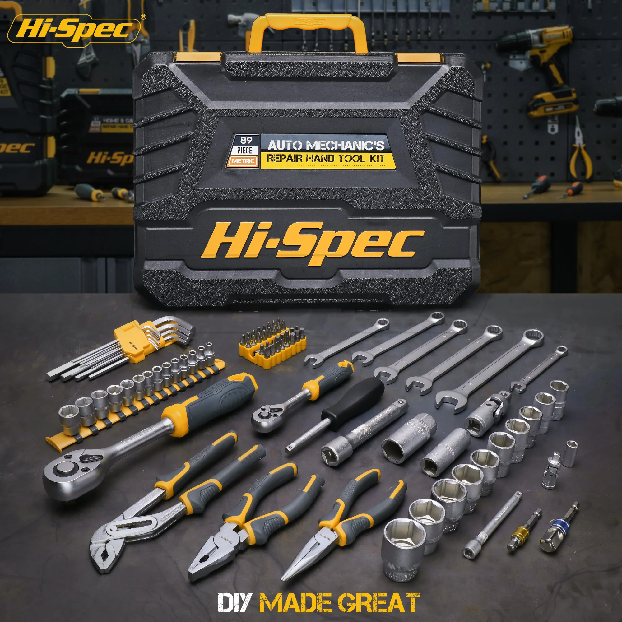 Hi-Spec 가정용 및 차고 도구 세트, 드라이버 비트 소켓 작업장 가정용 수공구 세트, 가정용 수리 도구 상자 보관 케이스, 53 PC